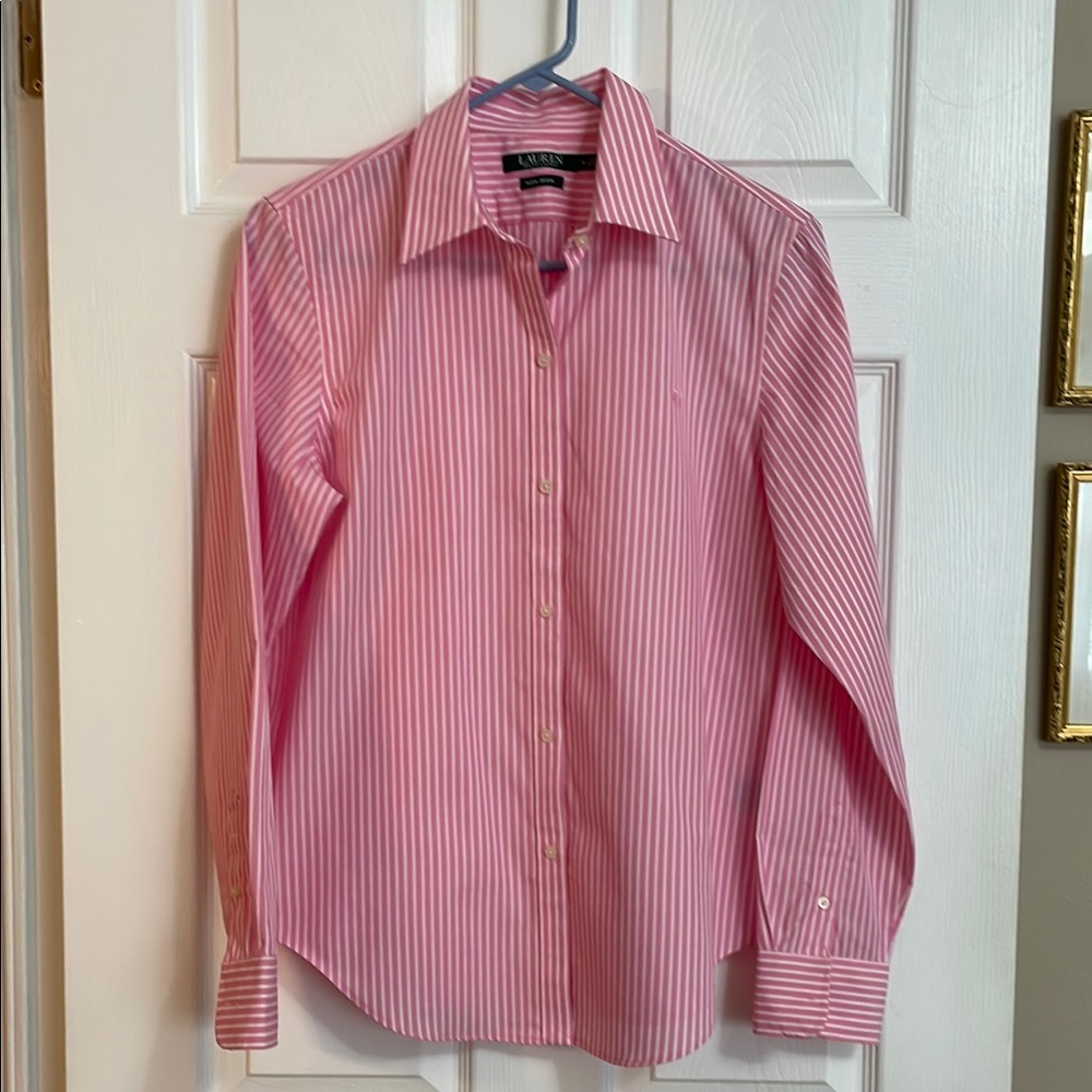 Women’s Ralph Lauren, nine iron pink and white button-down shirt